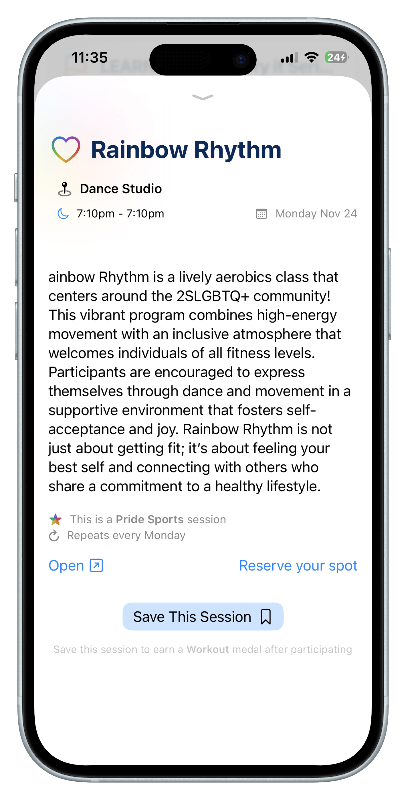 UniSports schedule screen