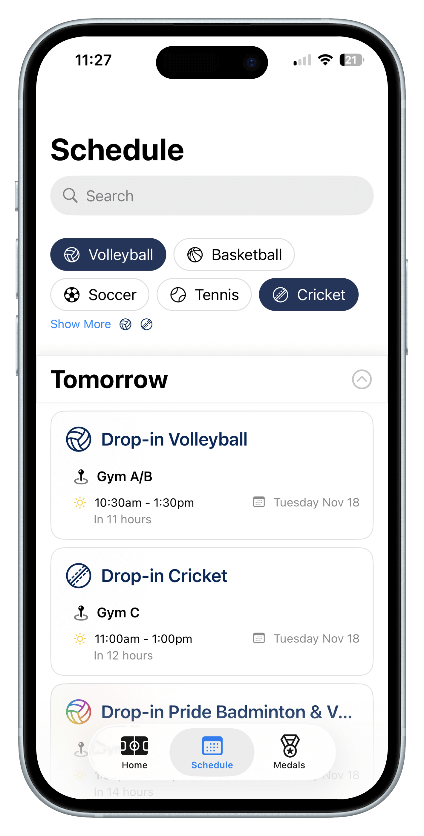 UniSports schedule with search and sport filters